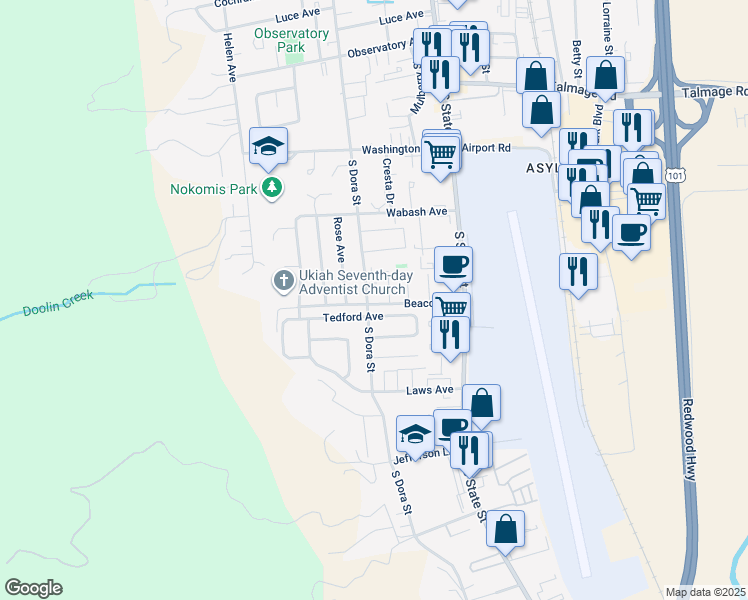 map of restaurants, bars, coffee shops, grocery stores, and more near 1395 South Dora Street in Ukiah