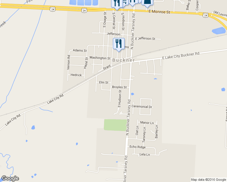 map of restaurants, bars, coffee shops, grocery stores, and more near 719 South Central Street in Buckner