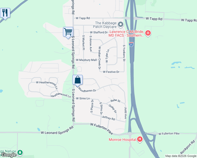 map of restaurants, bars, coffee shops, grocery stores, and more near 3806 Woodmere Way in Bloomington