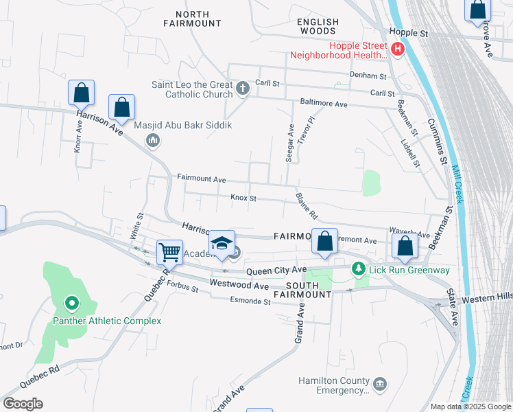 map of restaurants, bars, coffee shops, grocery stores, and more near 1841 Knox Street in Cincinnati
