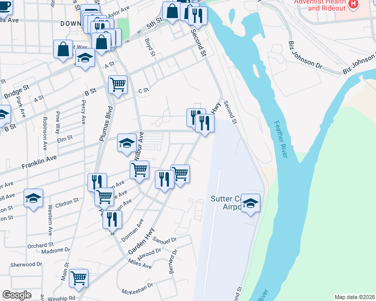 map of restaurants, bars, coffee shops, grocery stores, and more near 170 Dorman Avenue in Yuba City