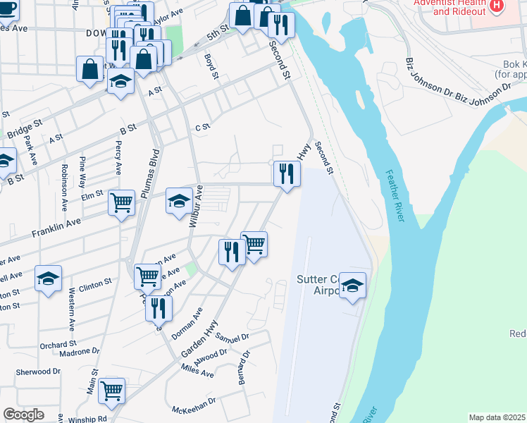 map of restaurants, bars, coffee shops, grocery stores, and more near 170 Dorman Avenue in Yuba City