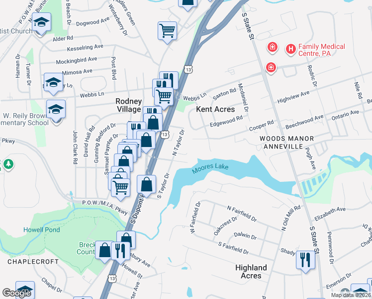 map of restaurants, bars, coffee shops, grocery stores, and more near 1681 North Taylor Drive in Dover