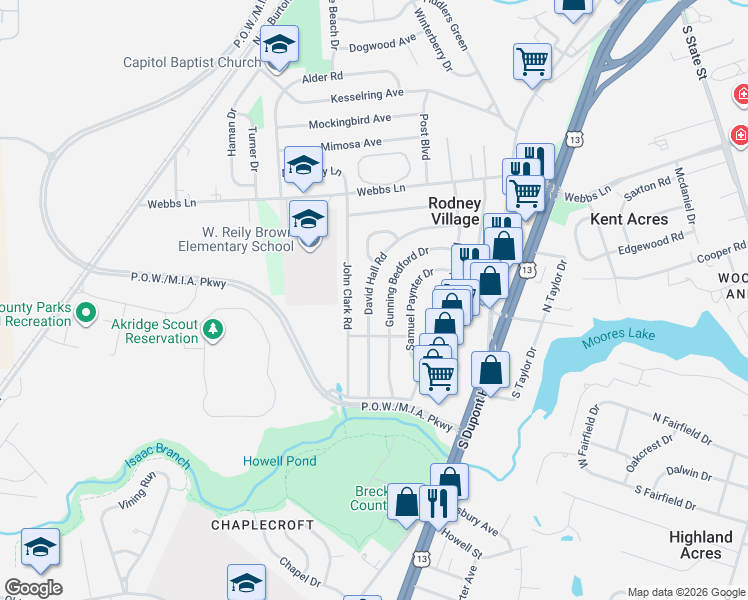 map of restaurants, bars, coffee shops, grocery stores, and more near 301 Gunning Bedford Drive in Dover