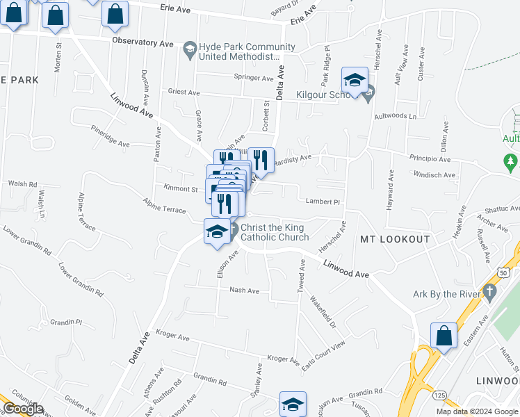 map of restaurants, bars, coffee shops, grocery stores, and more near 3160 Lookout Circle in Cincinnati