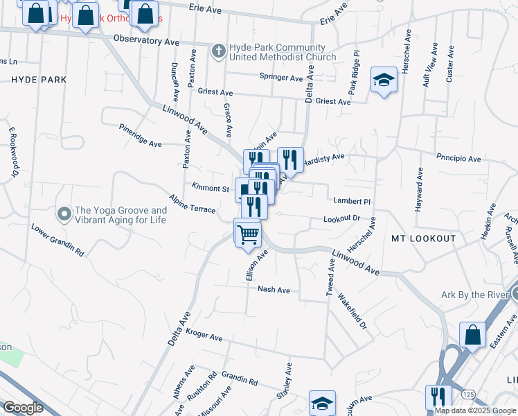 map of restaurants, bars, coffee shops, grocery stores, and more near in Cincinnati