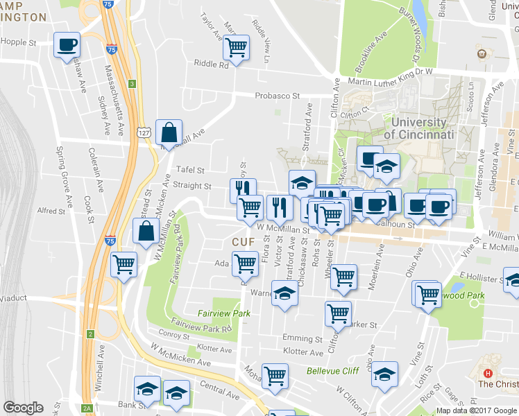 map of restaurants, bars, coffee shops, grocery stores, and more near in Cincinnati