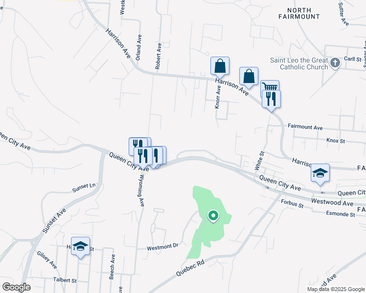 map of restaurants, bars, coffee shops, grocery stores, and more near 2096 Queen City Avenue in Cincinnati