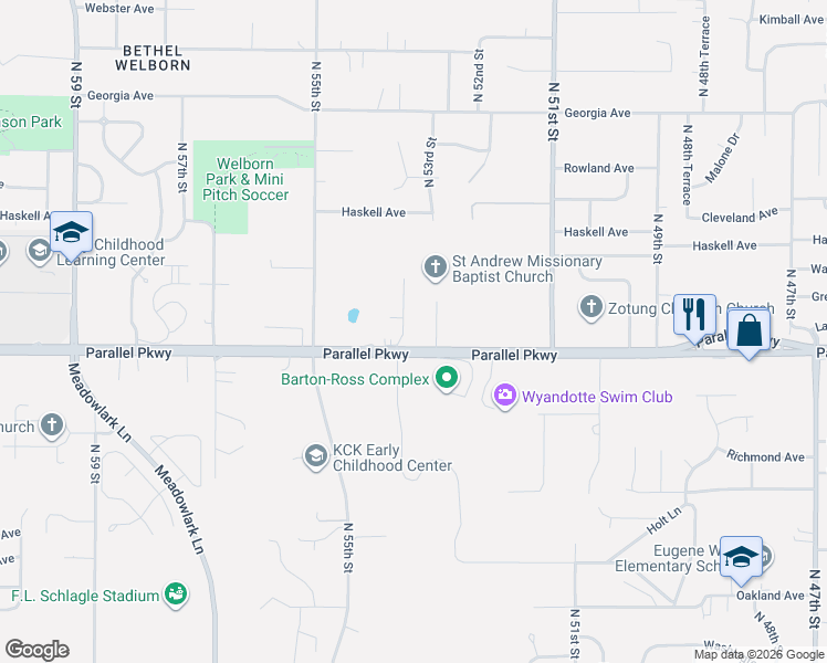 map of restaurants, bars, coffee shops, grocery stores, and more near 2001 North 54th Street in Kansas City