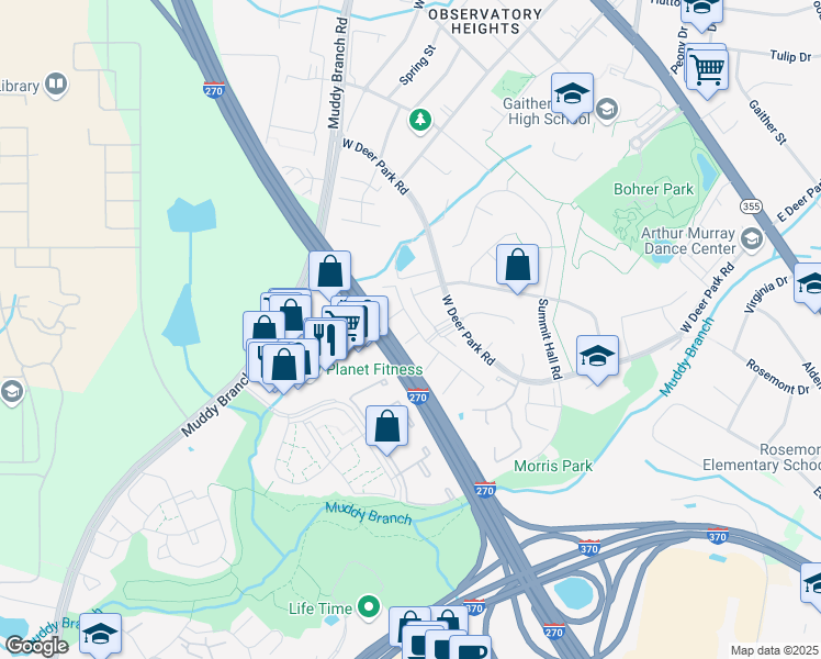 map of restaurants, bars, coffee shops, grocery stores, and more near 106 Duvall Lane in Gaithersburg