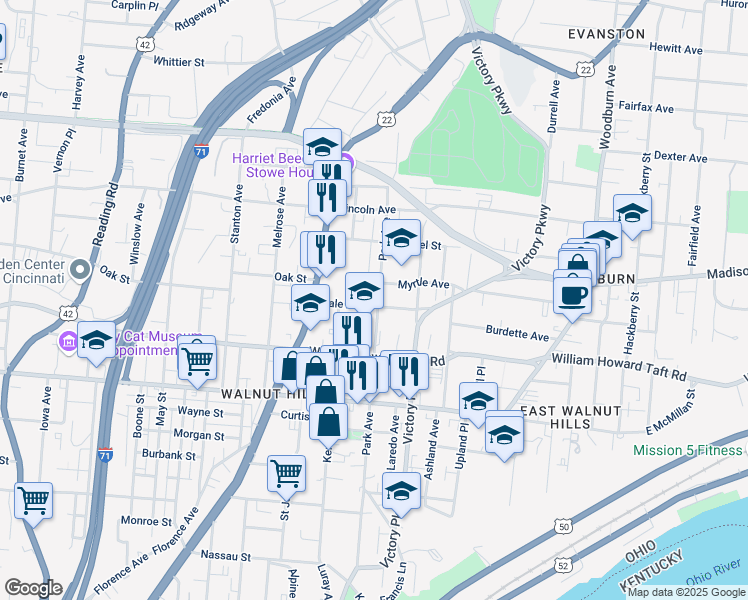 map of restaurants, bars, coffee shops, grocery stores, and more near 2703 Park Avenue in Cincinnati