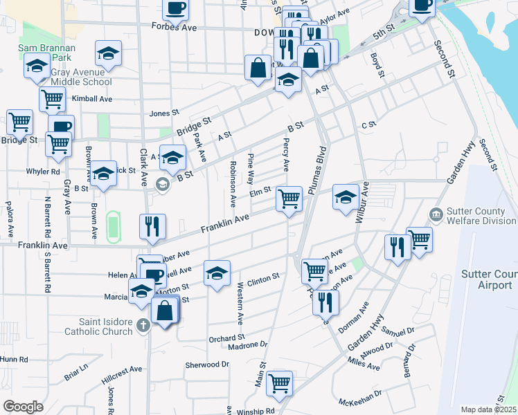 map of restaurants, bars, coffee shops, grocery stores, and more near 709 Franklin Avenue in Yuba City