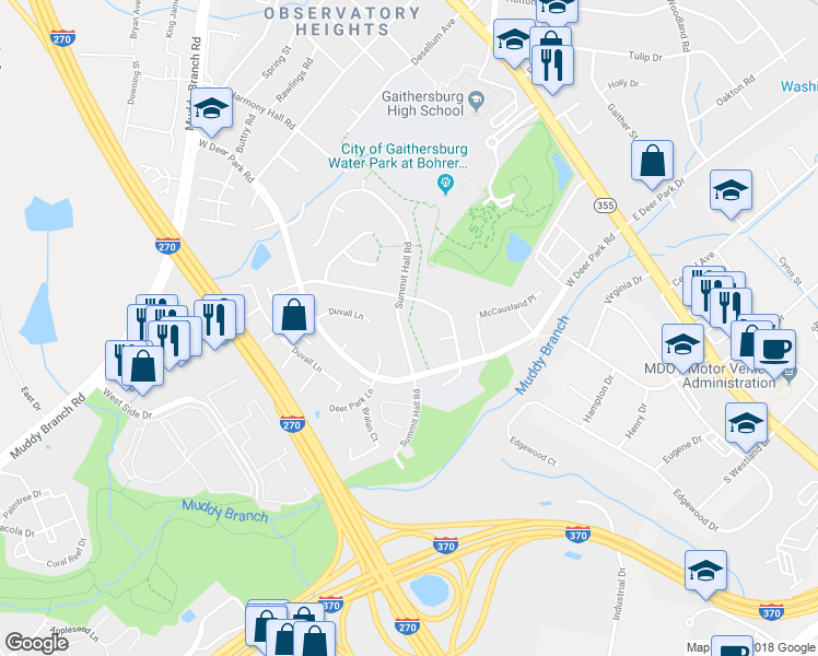 map of restaurants, bars, coffee shops, grocery stores, and more near 307 Summit Hall Road in Gaithersburg