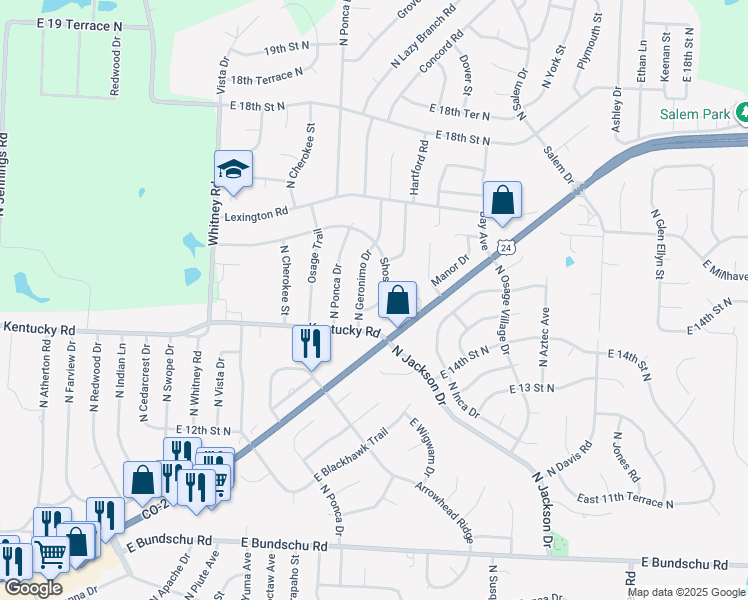 map of restaurants, bars, coffee shops, grocery stores, and more near 18606 East 14 Terrace in Independence