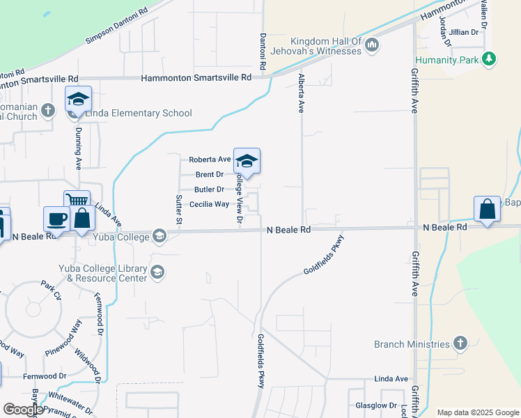 map of restaurants, bars, coffee shops, grocery stores, and more near 6025 College View Drive in Linda