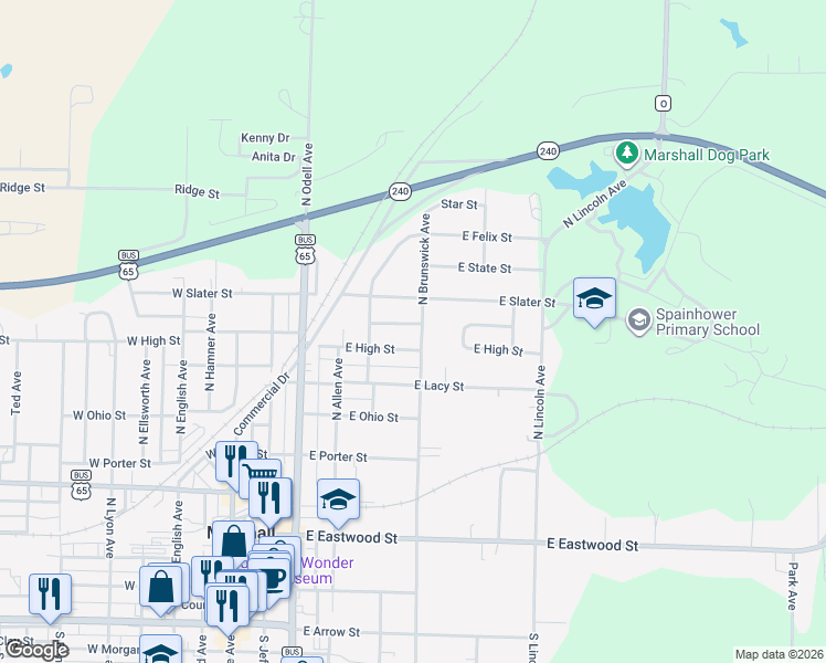 map of restaurants, bars, coffee shops, grocery stores, and more near 417 East High Street in Marshall