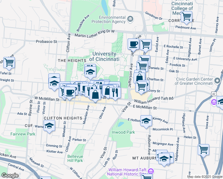 map of restaurants, bars, coffee shops, grocery stores, and more near 131 West Corry Street in Cincinnati