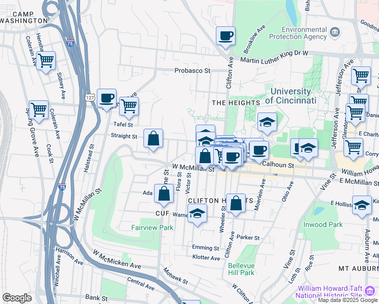 map of restaurants, bars, coffee shops, grocery stores, and more near 2544 Fairview Avenue in Cincinnati