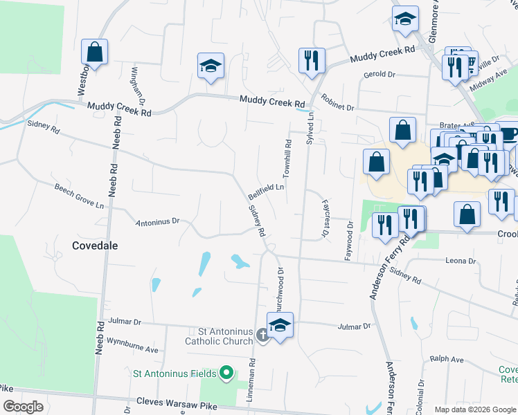 map of restaurants, bars, coffee shops, grocery stores, and more near 2055 Rollingridge Lane in Cincinnati