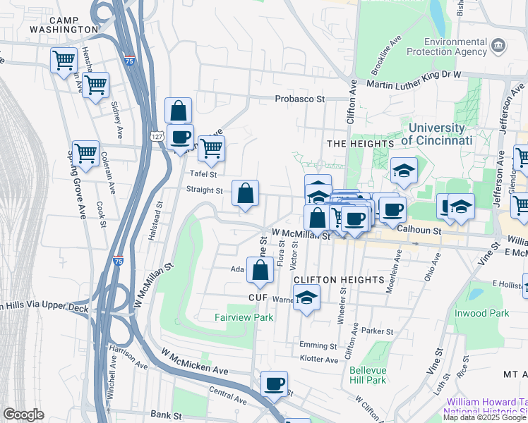 map of restaurants, bars, coffee shops, grocery stores, and more near in Cincinnati