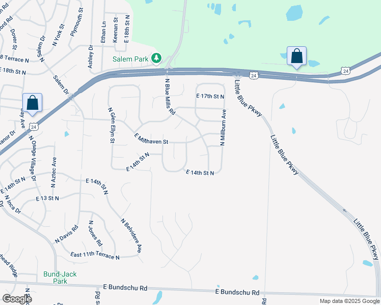 map of restaurants, bars, coffee shops, grocery stores, and more near 20212 East 14th Terrace Court North in Independence