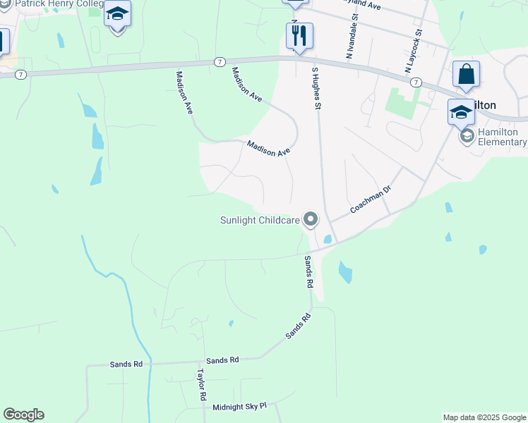 map of restaurants, bars, coffee shops, grocery stores, and more near 38388 Downs Court in Hamilton