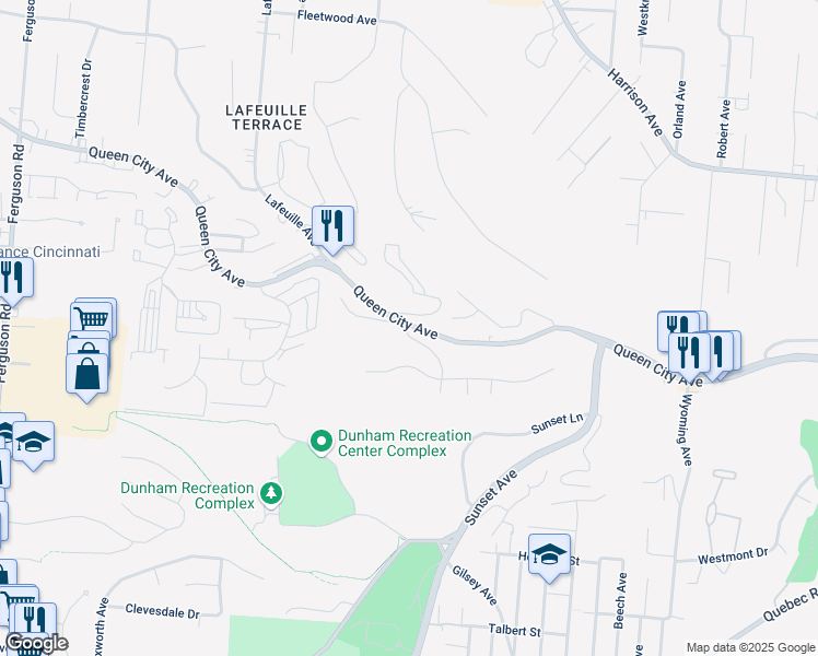 map of restaurants, bars, coffee shops, grocery stores, and more near 2483 Queen City Avenue in Cincinnati
