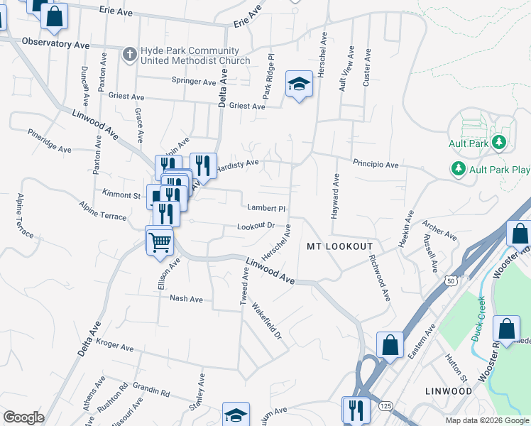 map of restaurants, bars, coffee shops, grocery stores, and more near 3322 Lookout Drive in Cincinnati