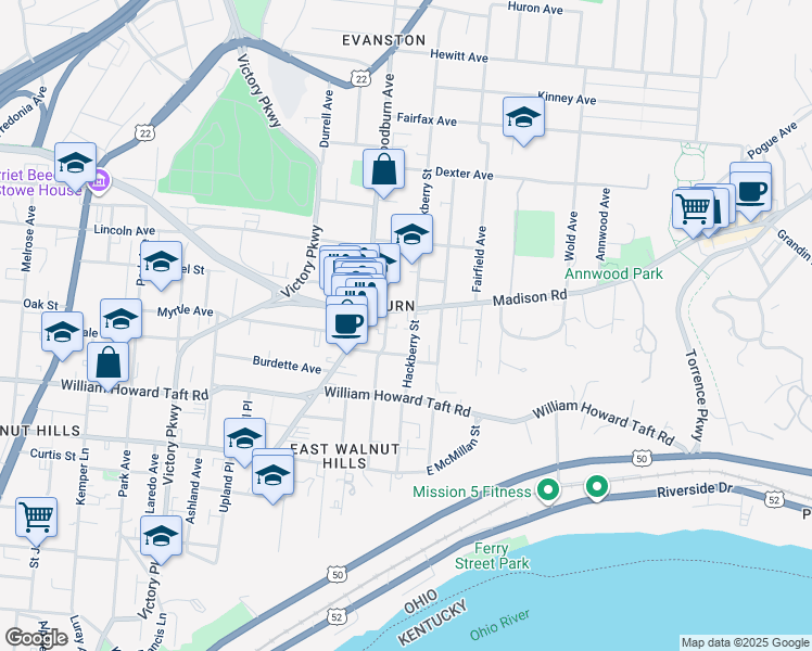 map of restaurants, bars, coffee shops, grocery stores, and more near 2744 Moorman Avenue in Cincinnati
