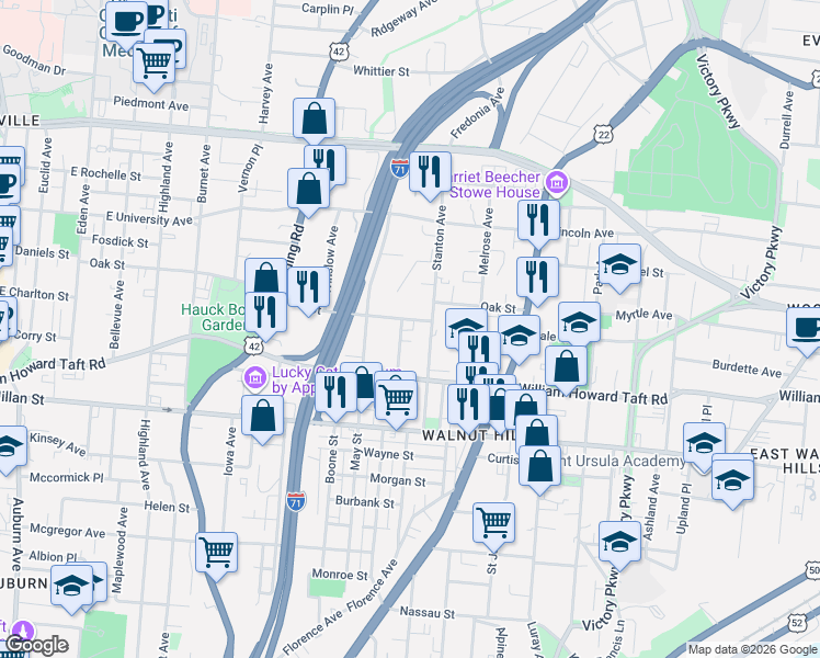 map of restaurants, bars, coffee shops, grocery stores, and more near 2638 Hemlock Street in Cincinnati
