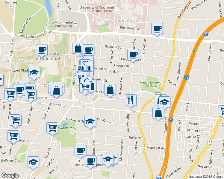map of restaurants, bars, coffee shops, grocery stores, and more near 2607 Bellevue Avenue in Cincinnati