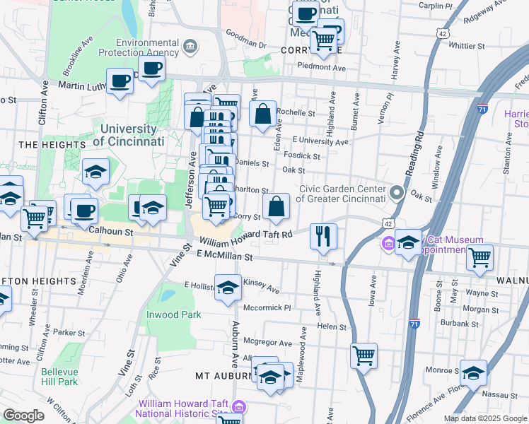 map of restaurants, bars, coffee shops, grocery stores, and more near 114 East Corry Street in Cincinnati