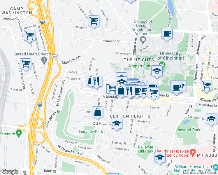map of restaurants, bars, coffee shops, grocery stores, and more near 2544 Fairview Avenue in Cincinnati