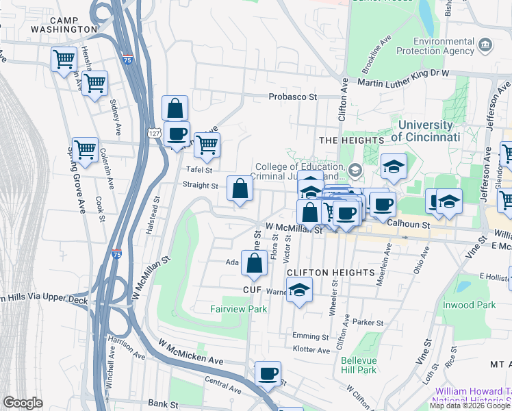 map of restaurants, bars, coffee shops, grocery stores, and more near in Cincinnati