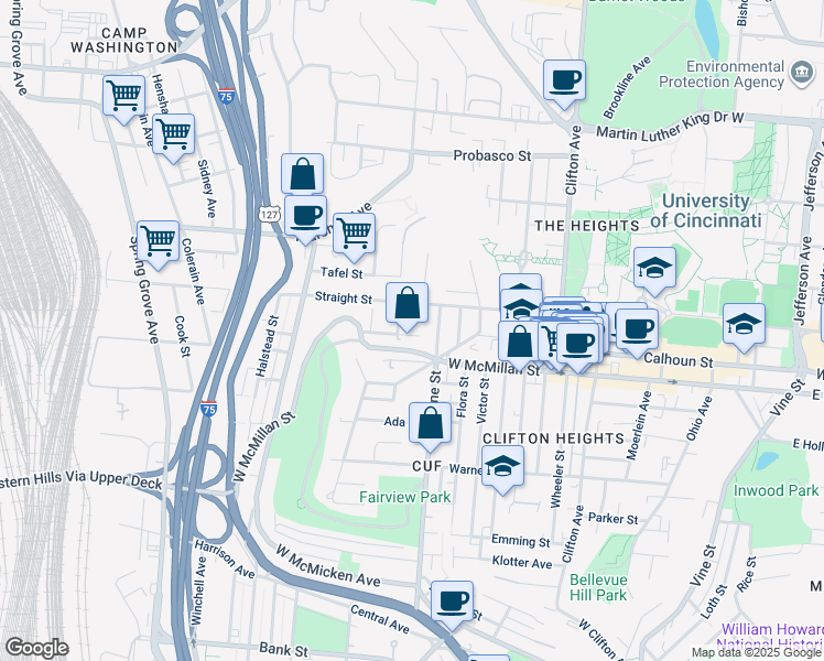 map of restaurants, bars, coffee shops, grocery stores, and more near 625 Clemmer Avenue in Cincinnati