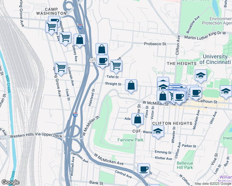 map of restaurants, bars, coffee shops, grocery stores, and more near 647 Clemmer Avenue in Cincinnati