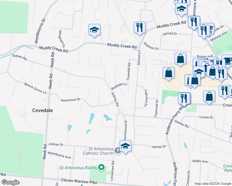map of restaurants, bars, coffee shops, grocery stores, and more near 2055 Rollingridge Lane in Cincinnati
