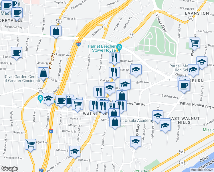 map of restaurants, bars, coffee shops, grocery stores, and more near 2657 Gilbert Avenue in Cincinnati
