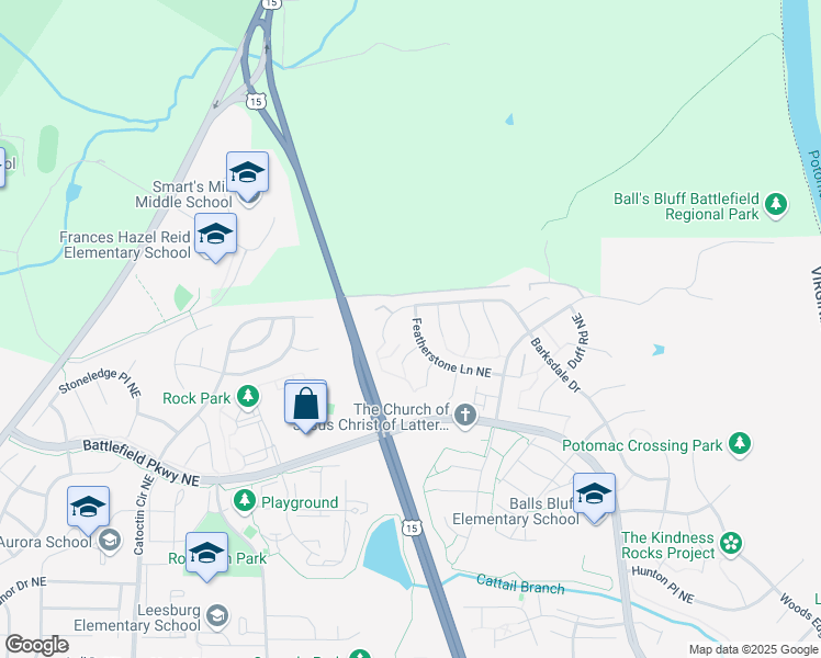map of restaurants, bars, coffee shops, grocery stores, and more near 1235 Featherstone Lane Northeast in Leesburg