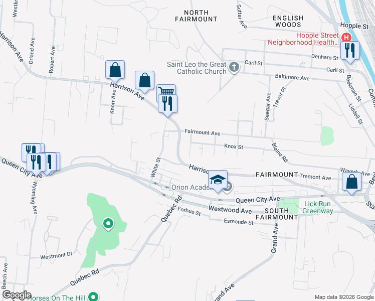 map of restaurants, bars, coffee shops, grocery stores, and more near 2457 Saturn Street in Cincinnati
