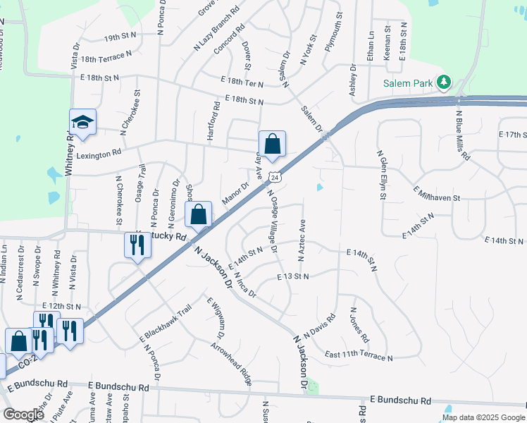 map of restaurants, bars, coffee shops, grocery stores, and more near 19141 East 15th Street North in Independence