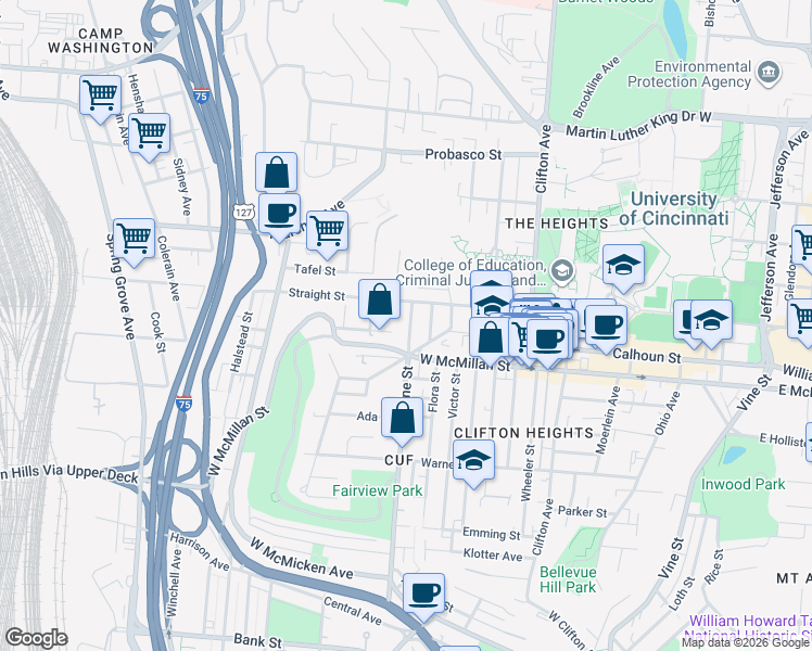 map of restaurants, bars, coffee shops, grocery stores, and more near in Cincinnati