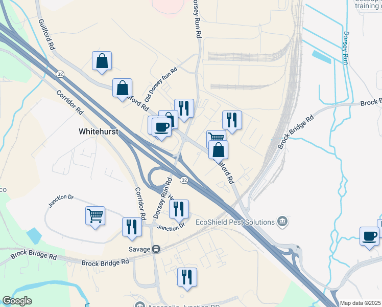 map of restaurants, bars, coffee shops, grocery stores, and more near 10930 Guilford Road in Annapolis Junction
