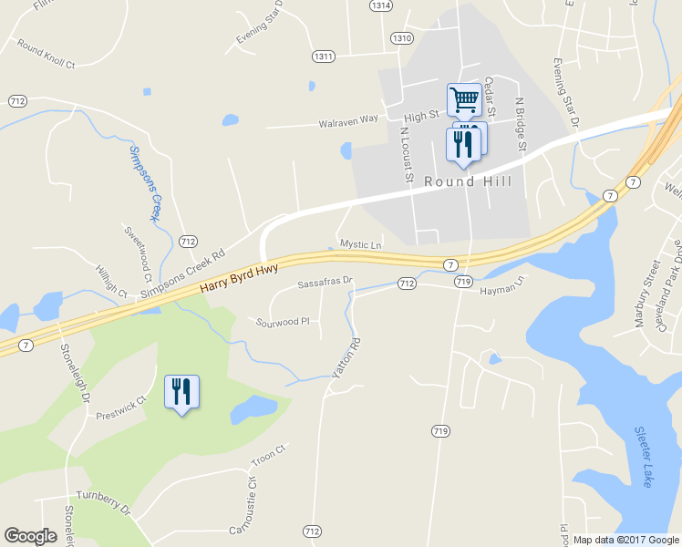 map of restaurants, bars, coffee shops, grocery stores, and more near 35580 Sassafras Drive in Round Hill