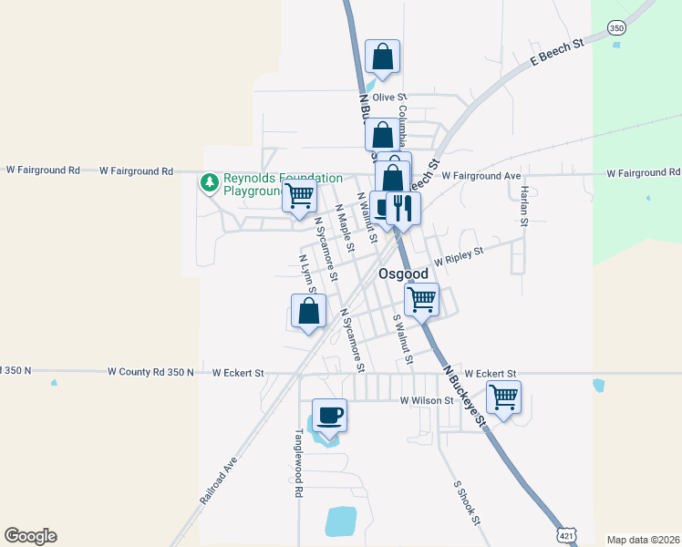map of restaurants, bars, coffee shops, grocery stores, and more near 124 North Sycamore Street in Osgood