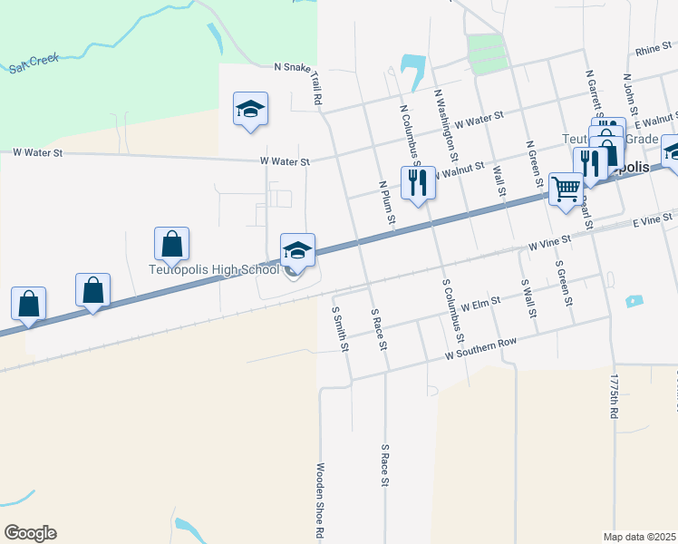 map of restaurants, bars, coffee shops, grocery stores, and more near 801 West Main Street in Teutopolis