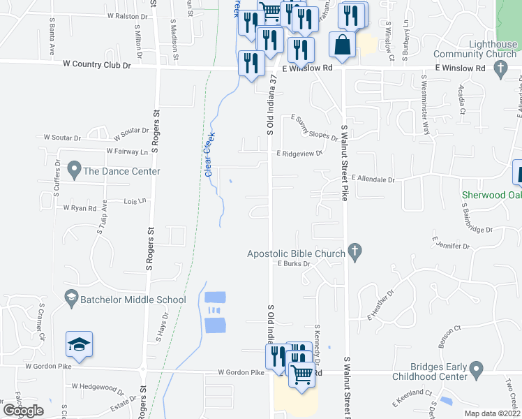 map of restaurants, bars, coffee shops, grocery stores, and more near 3160 South Walnut Street in Bloomington