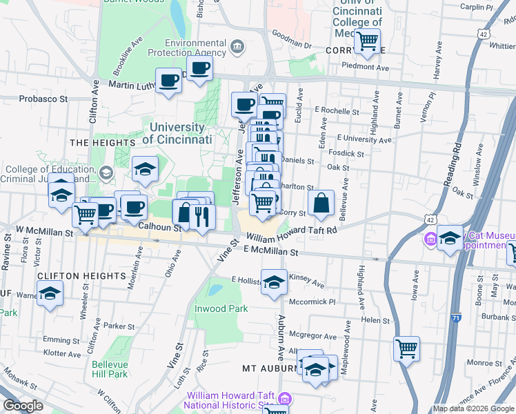 map of restaurants, bars, coffee shops, grocery stores, and more near 2555 Vine Street in Cincinnati