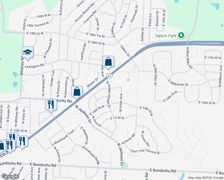 map of restaurants, bars, coffee shops, grocery stores, and more near 19201 East 15th Street North in Independence