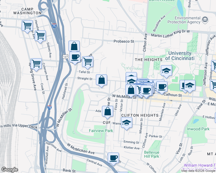 map of restaurants, bars, coffee shops, grocery stores, and more near in Cincinnati